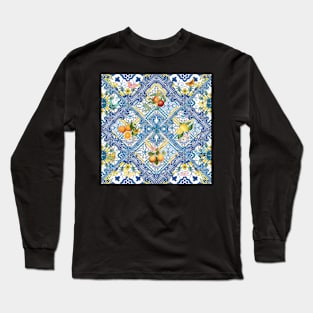 Mediterranean blue tiles, Italian citrus fruit, oranges and lemons Long Sleeve T-Shirt